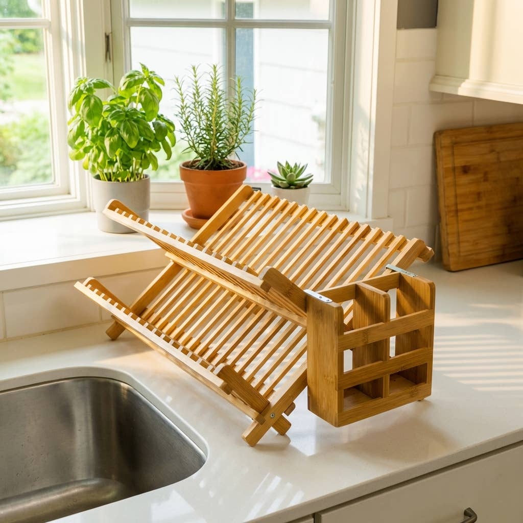 Bamboo Switch - Bamboo Collapsible Drying Rack with Utensil Caddy