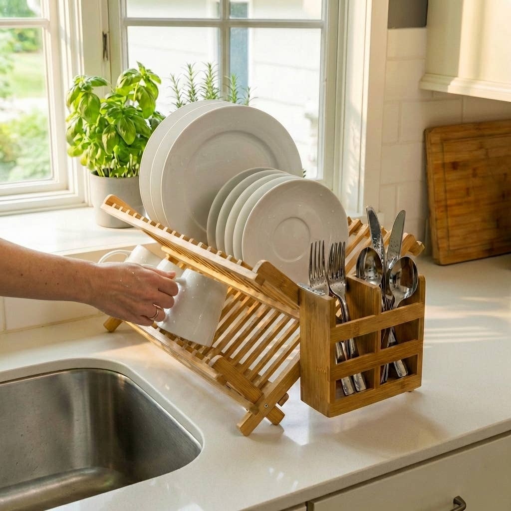 Bamboo Switch - Bamboo Collapsible Drying Rack with Utensil Caddy - image 2