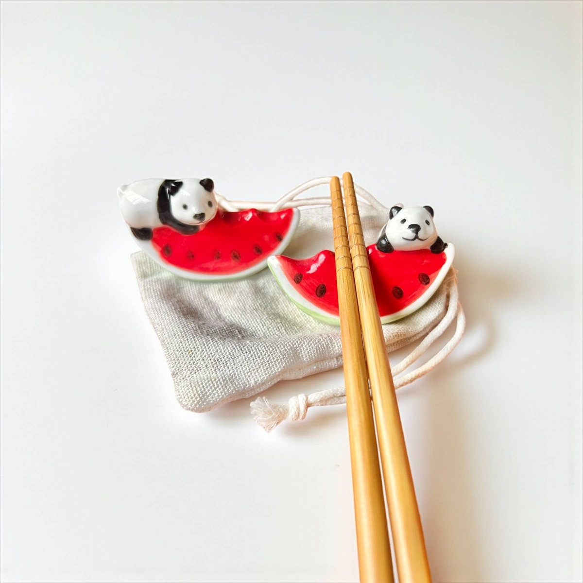 Bamboo Switch Watermelon - Set of 2 Ceramic Chopstick Rests organic cotton bag