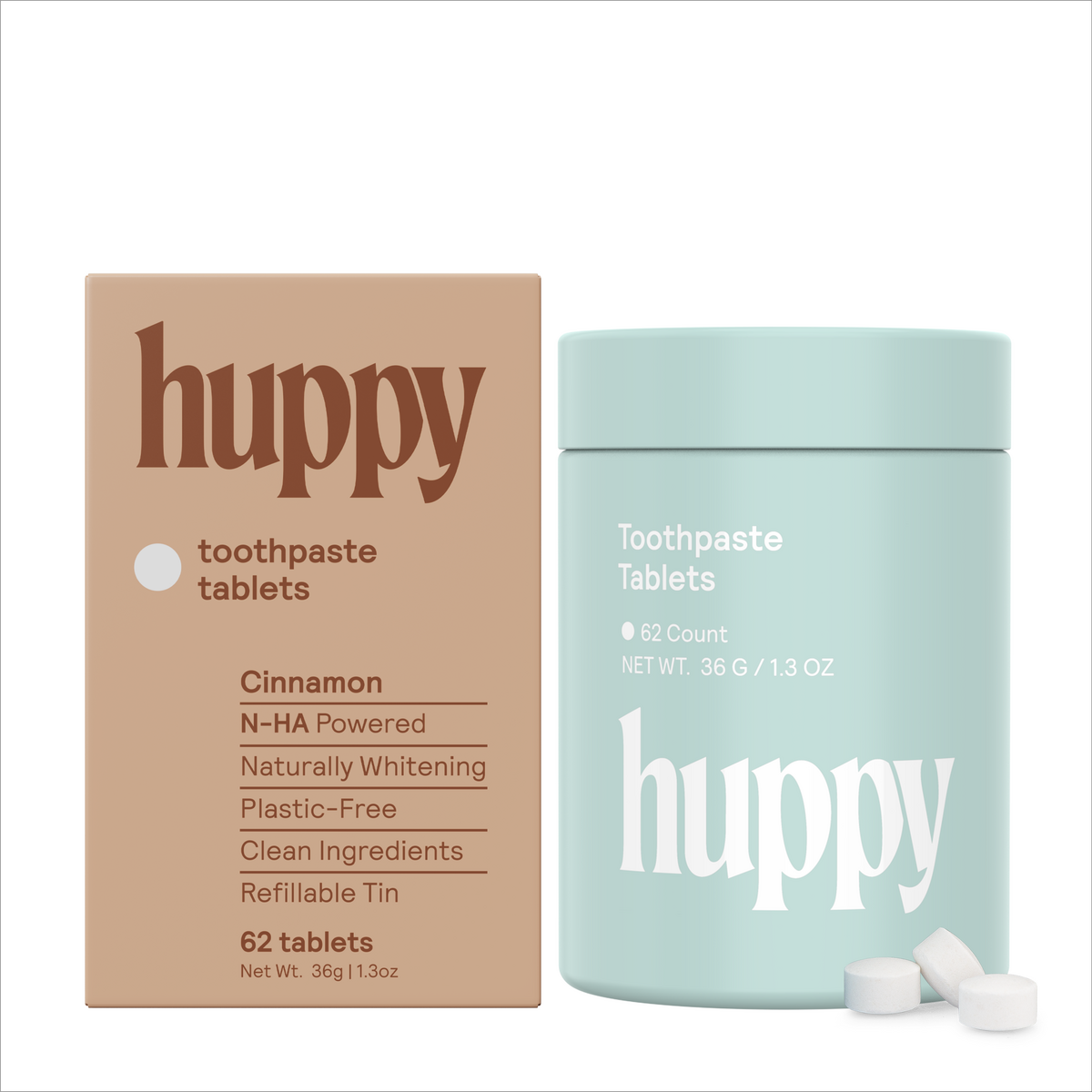 Huppy Cinnamon Filled tin - Fluoride-Free Pre-Filled Toothpaste Tablets (62-count) refillable