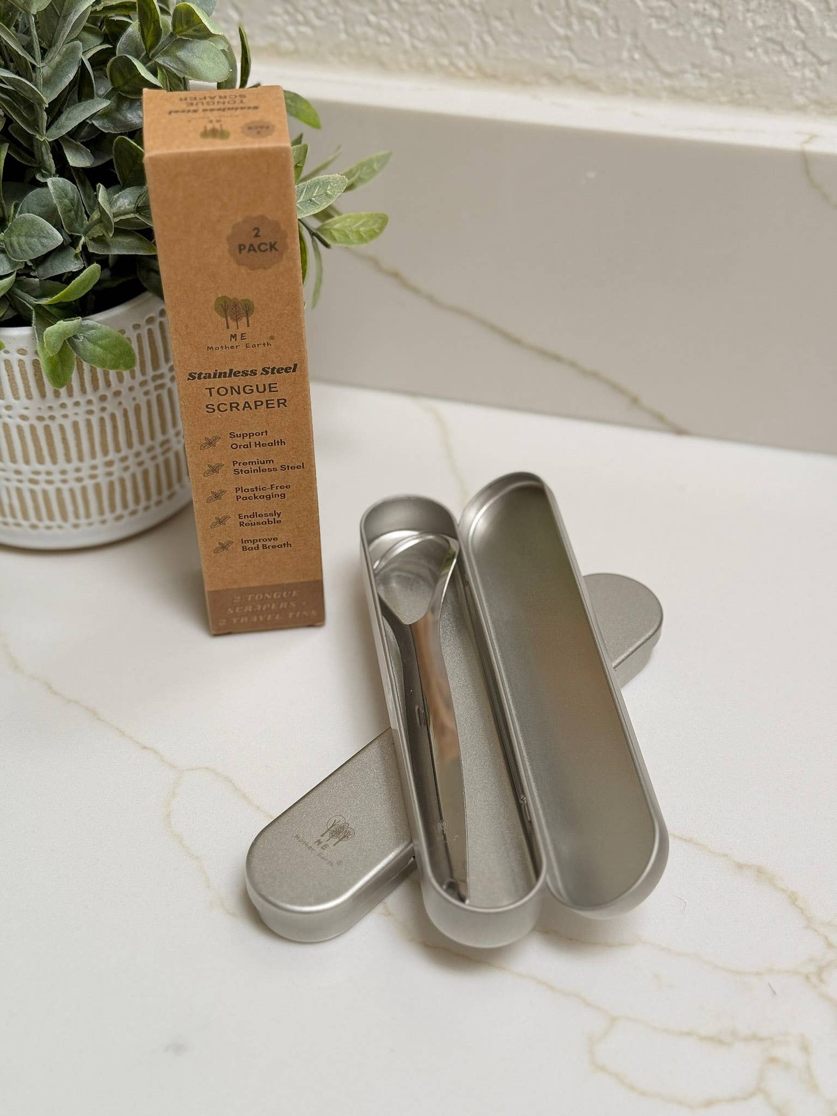 Me Mother Earth - Stainless Steel Tongue Scrapers- 2pk with Travel Tins reusable - image 4