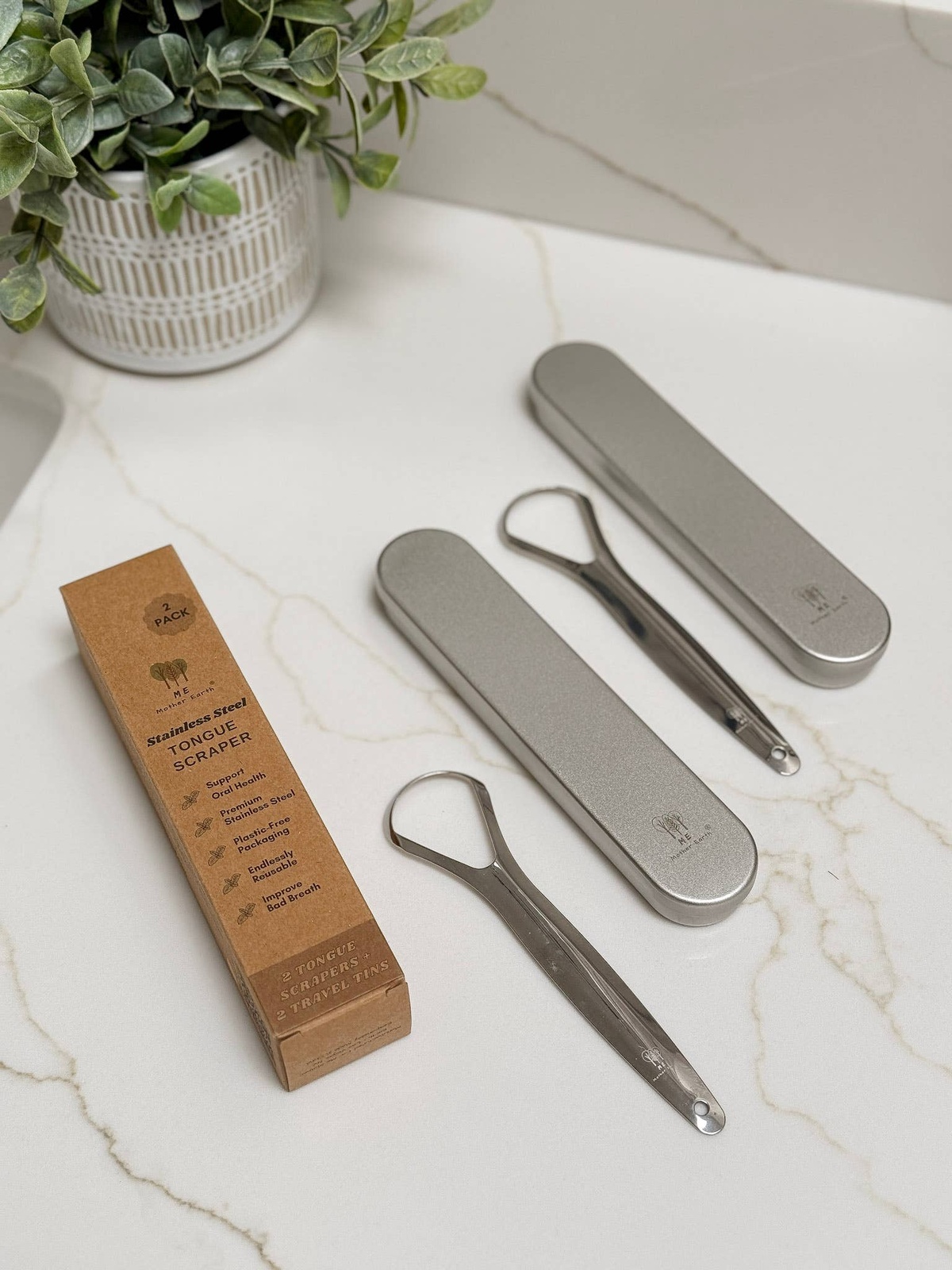 Me Mother Earth - Stainless Steel Tongue Scrapers- 2pk with Travel Tins reusable - image 3