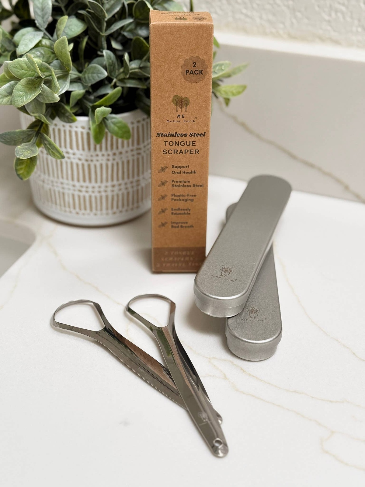 Me Mother Earth - Stainless Steel Tongue Scrapers- 2pk with Travel Tins reusable
