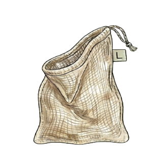 Hand-drawn illustration of a mesh cotton bag